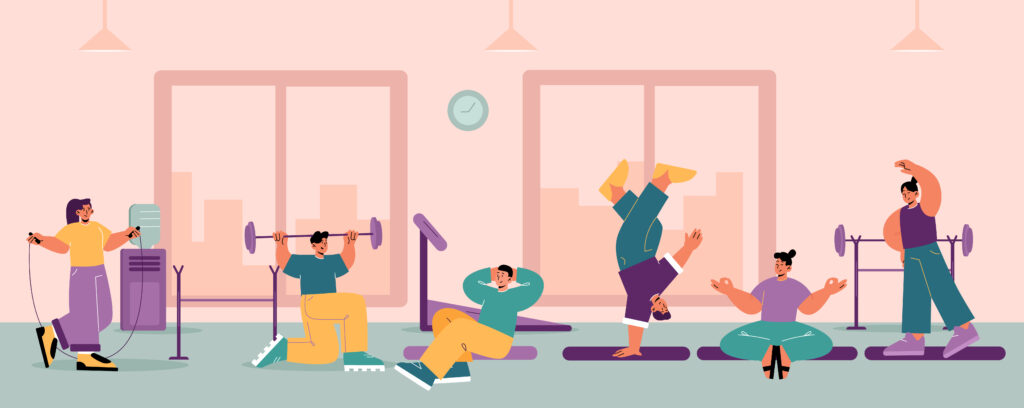 Gym interior with people doing sport exercises