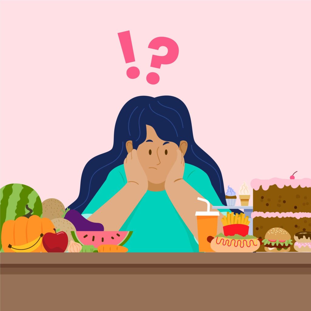 Woman choosing between healthy and unhealthy foods