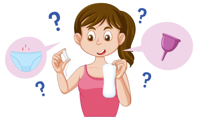 Girl choosing between Tampons and Period Panties