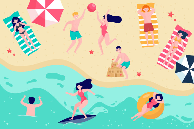Various people relaxing on beach