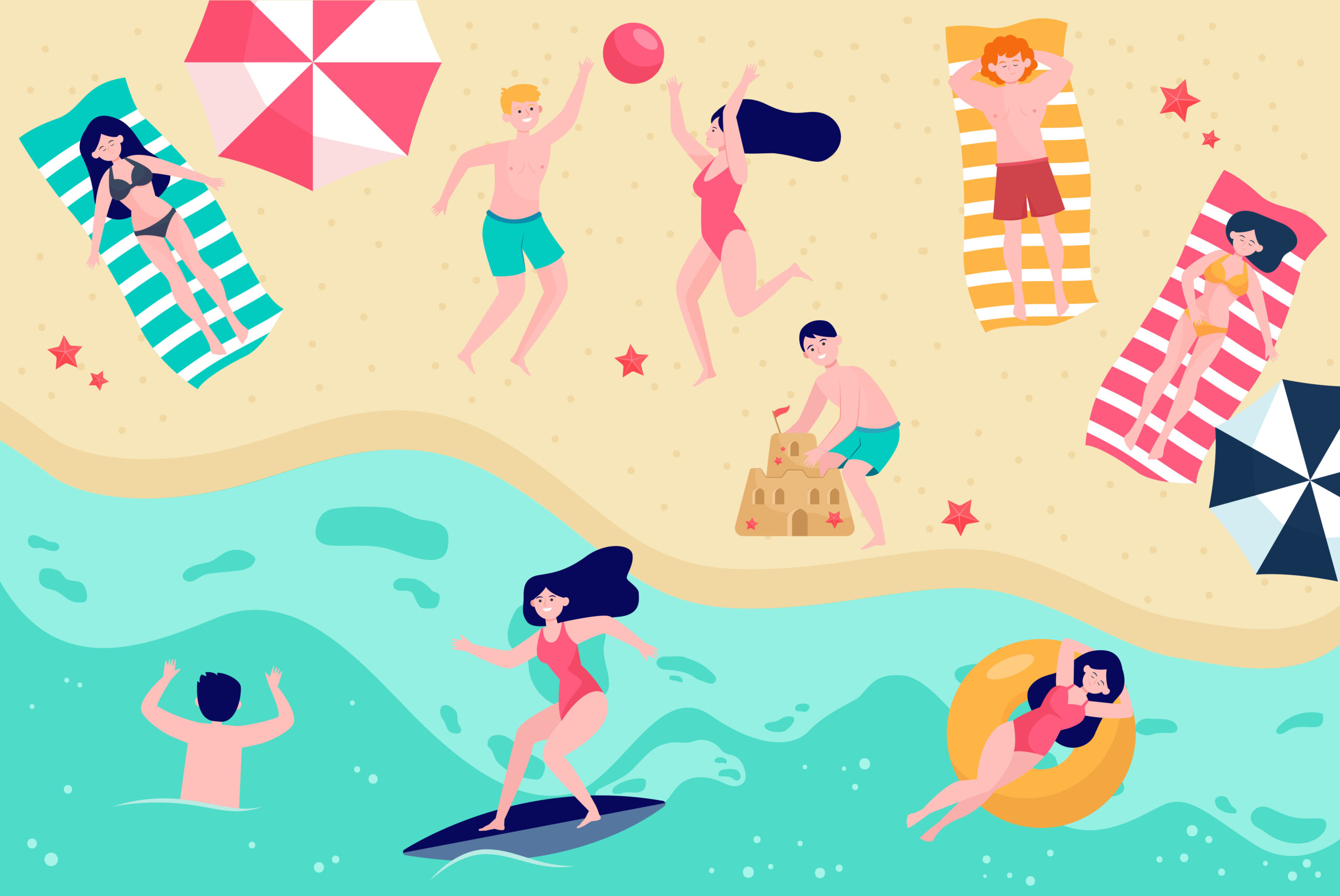 Various people relaxing on beach